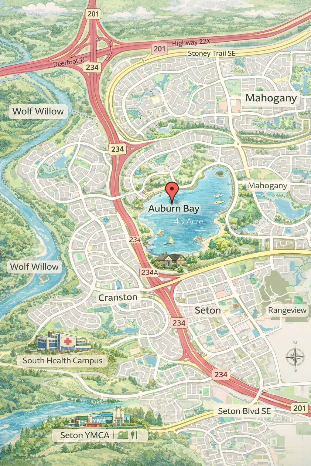 Map of Auburn Bay Calgary showing Auburn Bay Lake, nearby communities including Mahogany and Cranston, and major roads such as Deerfoot Trail and Stoney Trail.