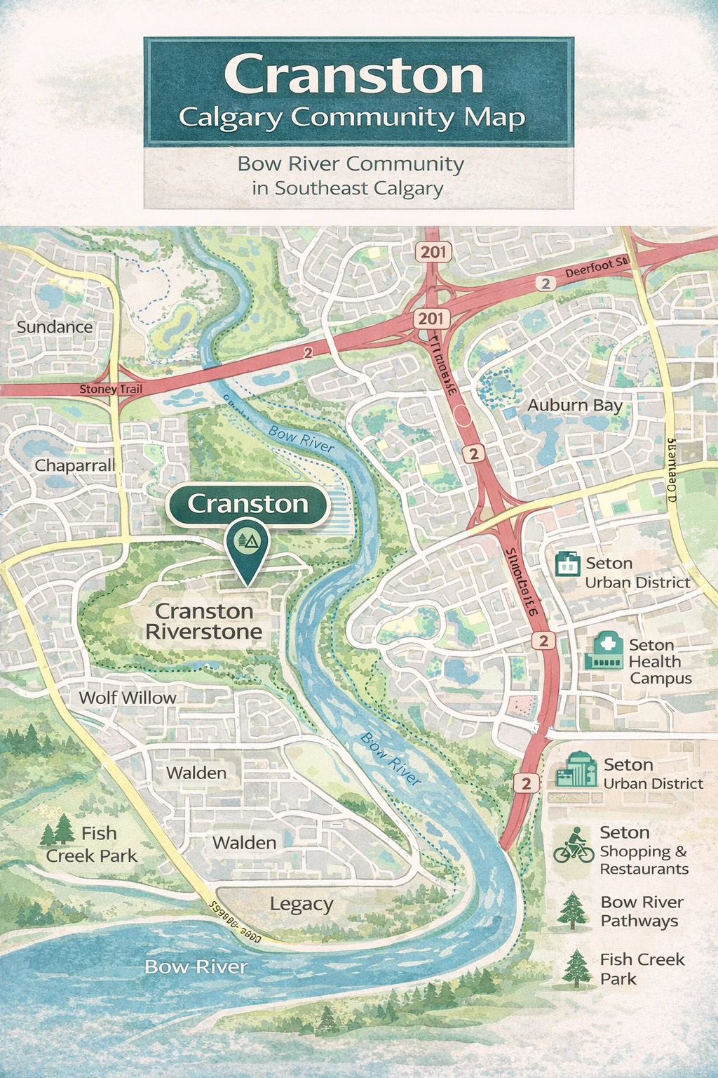 Cranston Calgary community map showing Bow River pathways, Seton amenities, South Health Campus, and surrounding southeast Calgary neighbourhoods.
