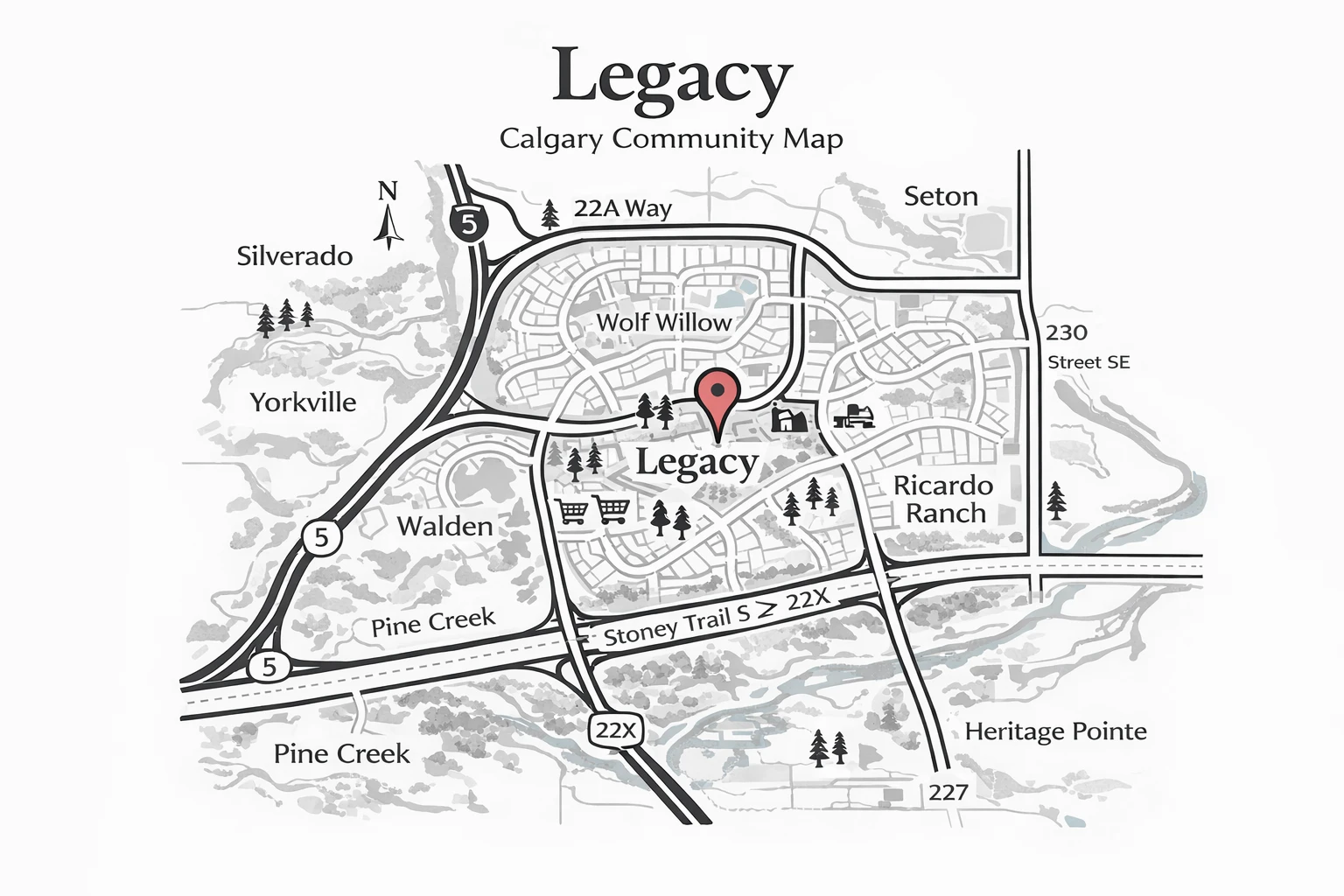 map of Legacy Calgary showing major roads like Stoney Trail and Macleod Trail, nearby communities including Walden, Wolf Willow, Seton, and Silverado, with parks, pathways, and amenities highlighted.