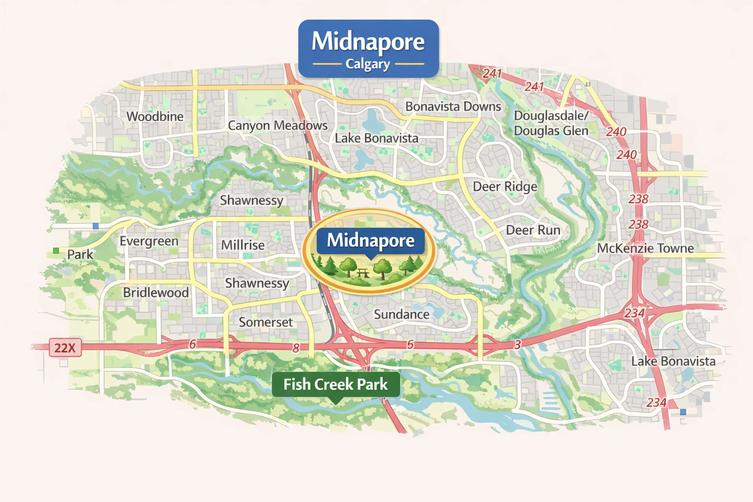Midnapore Calgary community map showing surrounding communities