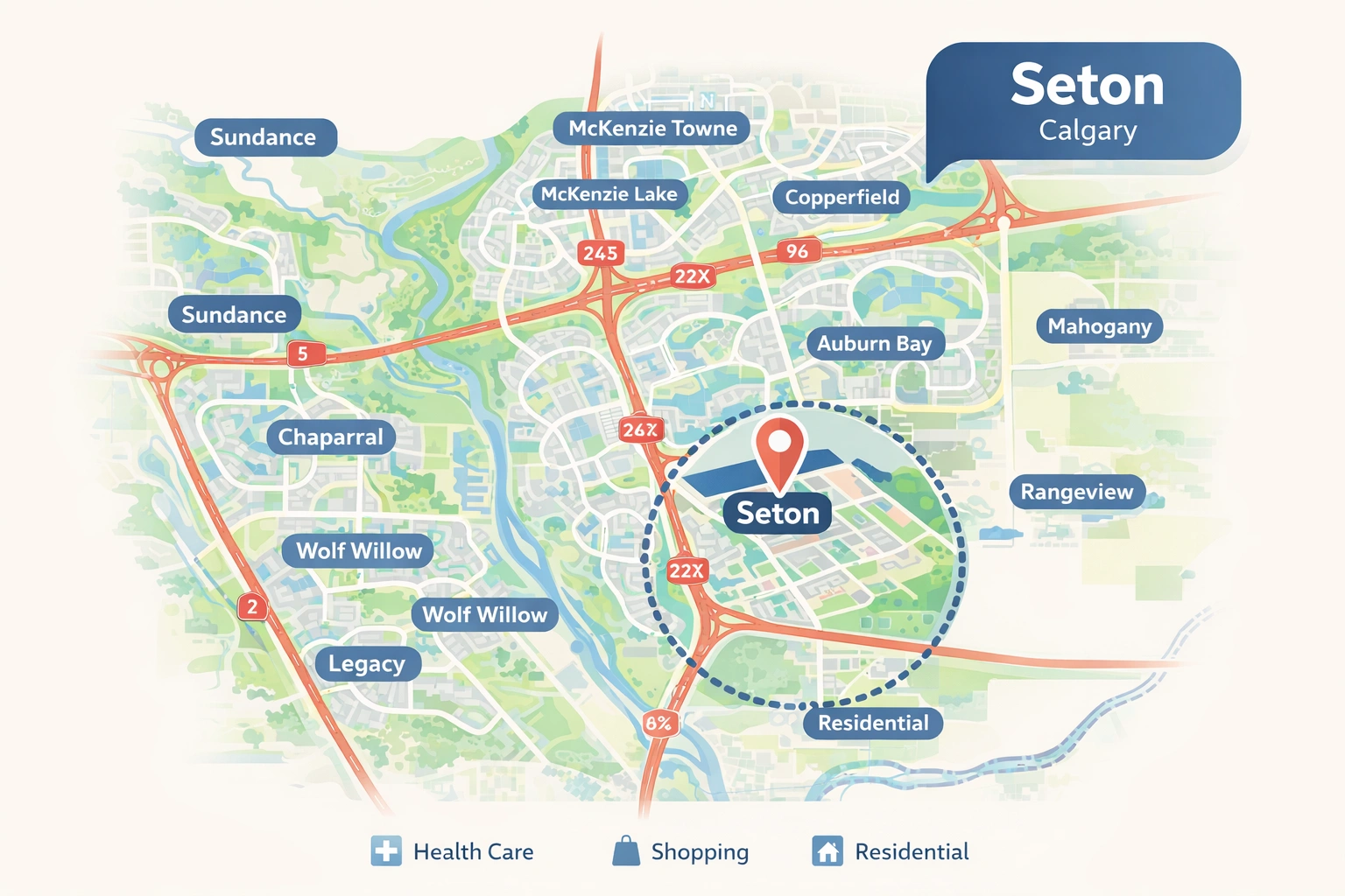 Stylized infographic map of Seton, a neighborhood in southeast Calgary, showing surrounding communities, major roads, and icons for health care, shopping, and residential areas.