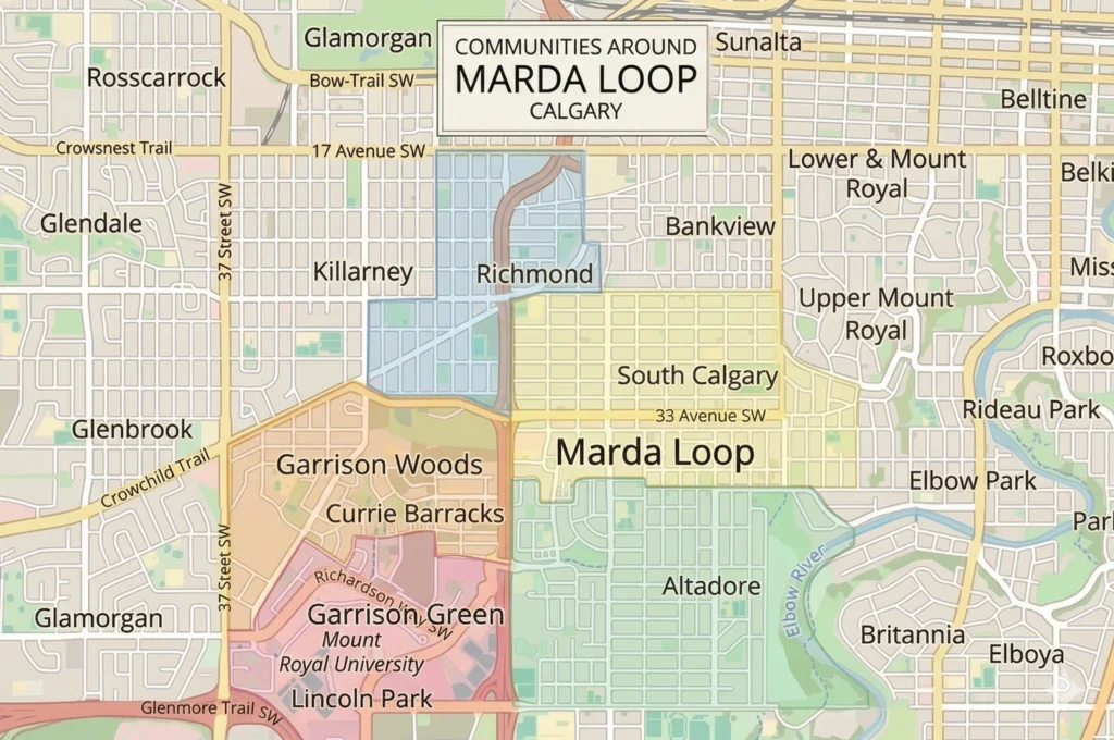 Map showing communities around Marda Loop Calgary