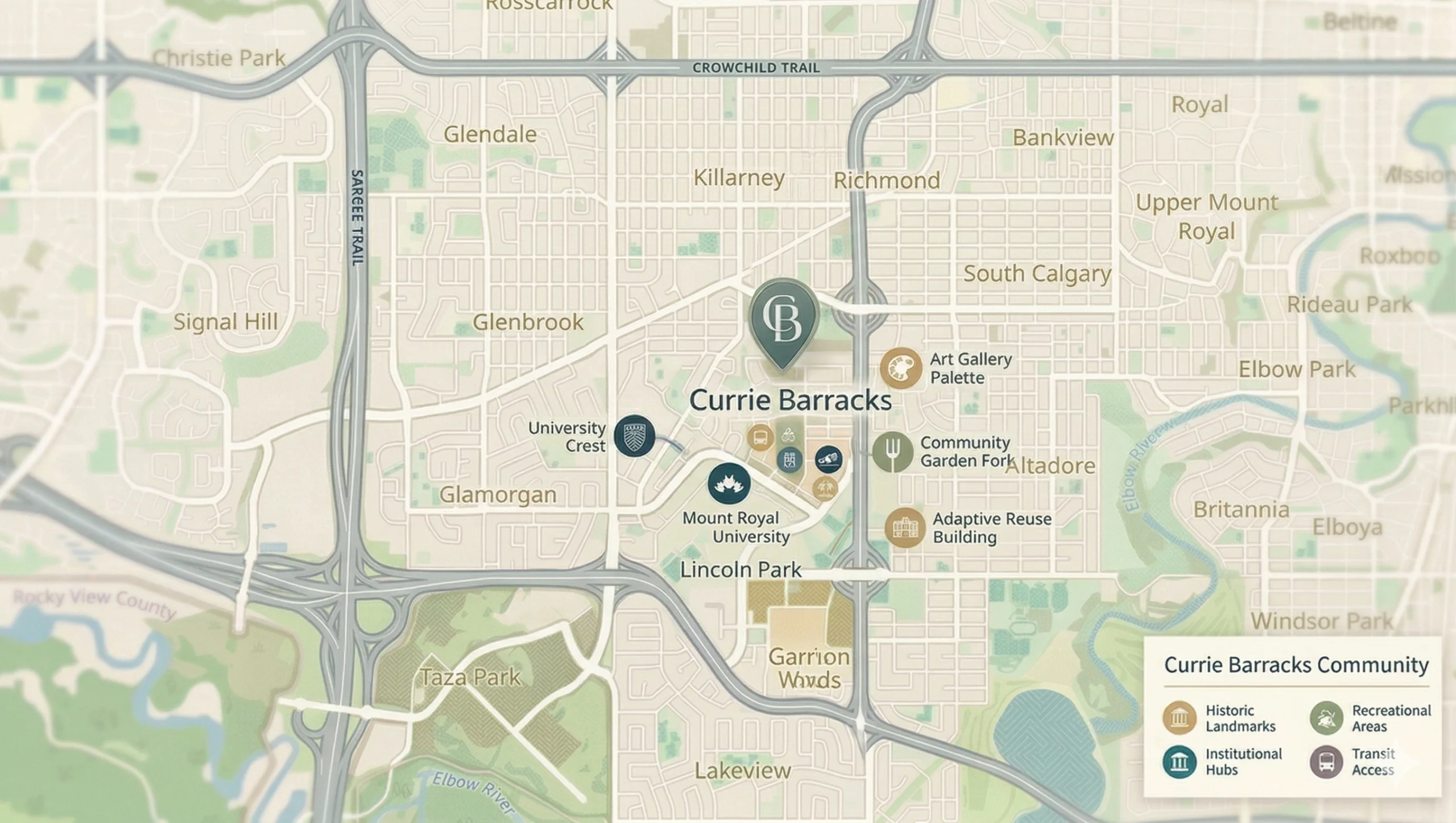 community map of Currie Barracks in Calgary. The map highlights key landmarks like Mount Royal University and local hubs, while a clean legend in the bottom right identifies historic sites, recreational areas, and transit access.