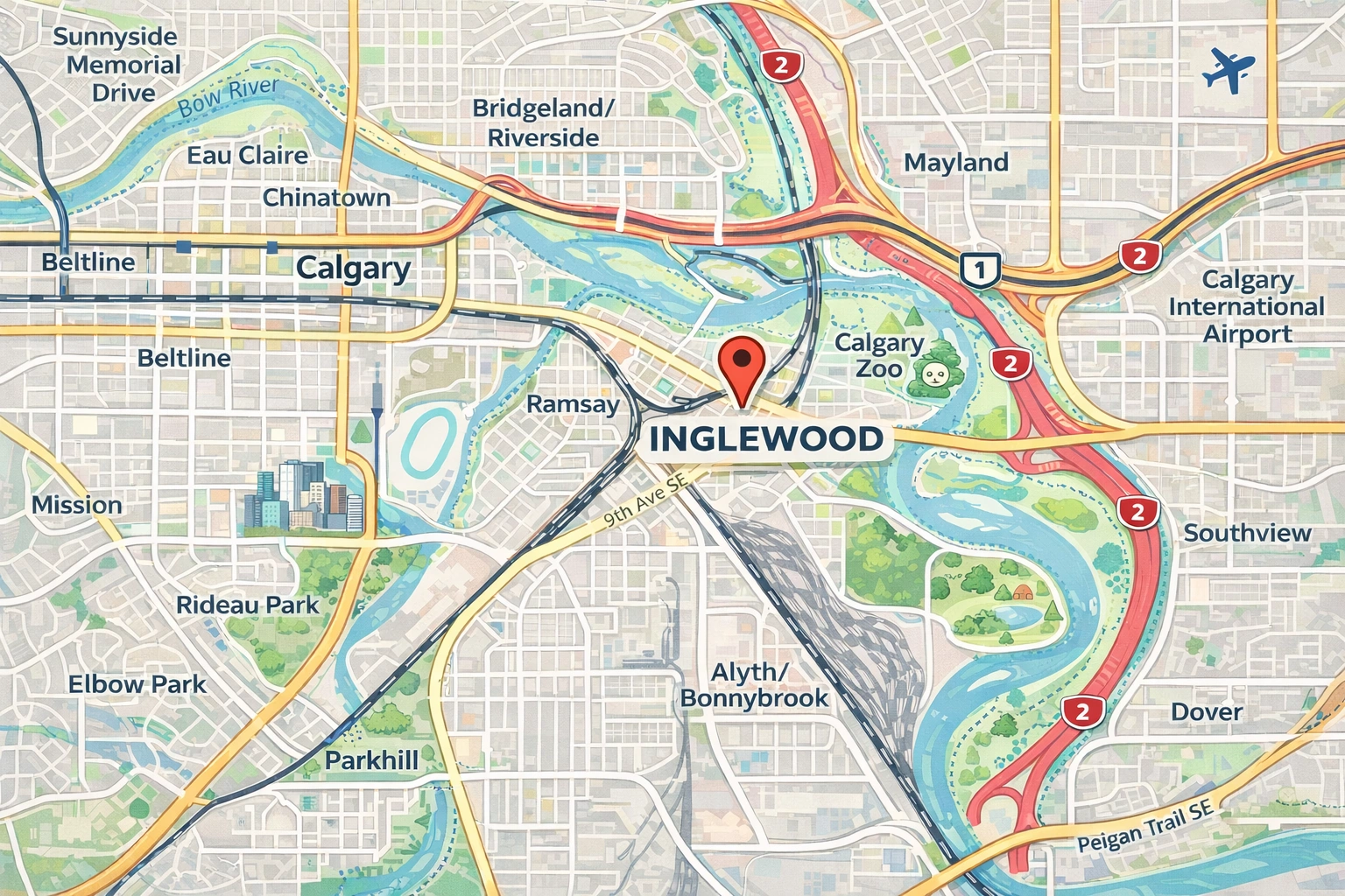 Inglewood Calgary community map showing nearby neighbourhoods including Ramsay, Bridgeland, Mayland, and Alyth Bonnybrook with major roads and the Bow River.