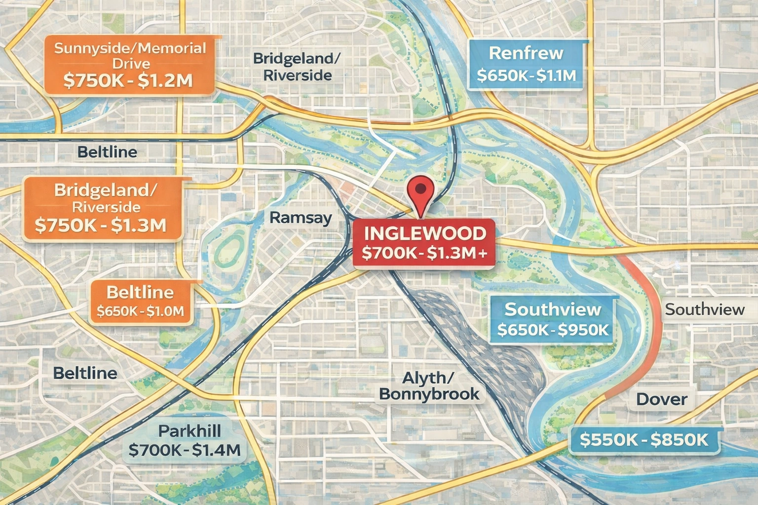 Map showing detached home price ranges in Inglewood Calgary and surrounding communities including Bridgeland, Sunnyside, Renfrew, Parkhill, Beltline, and Southview.