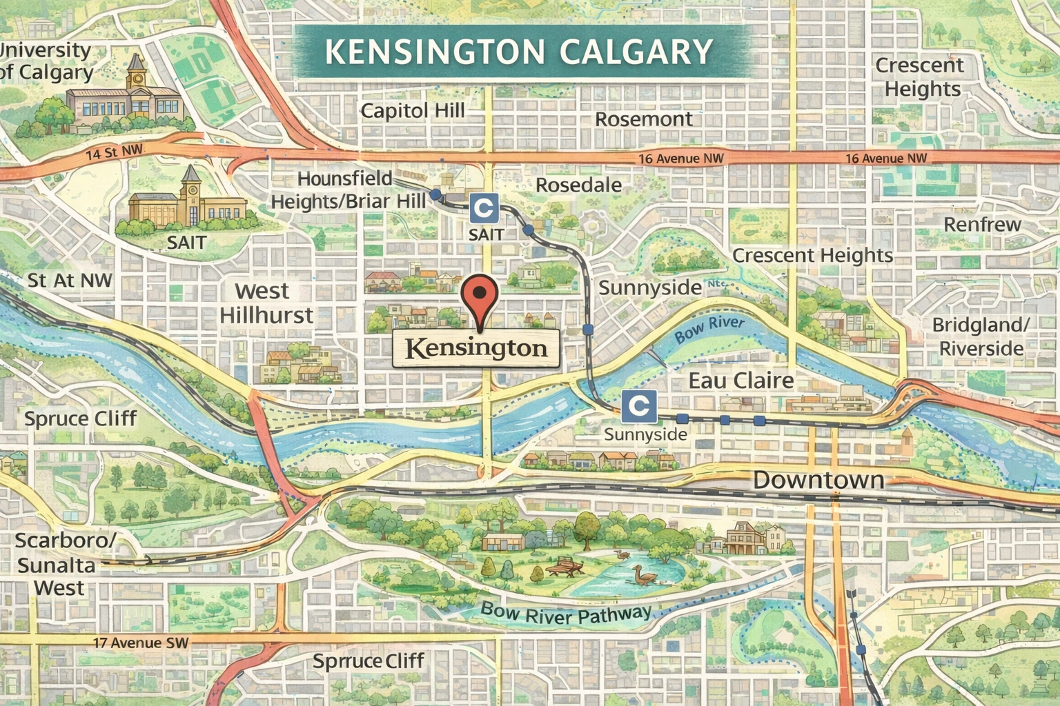 Kensington Calgary community map showing the Bow River, Sunnyside CTrain station, SAIT, and surrounding inner city neighbourhoods.