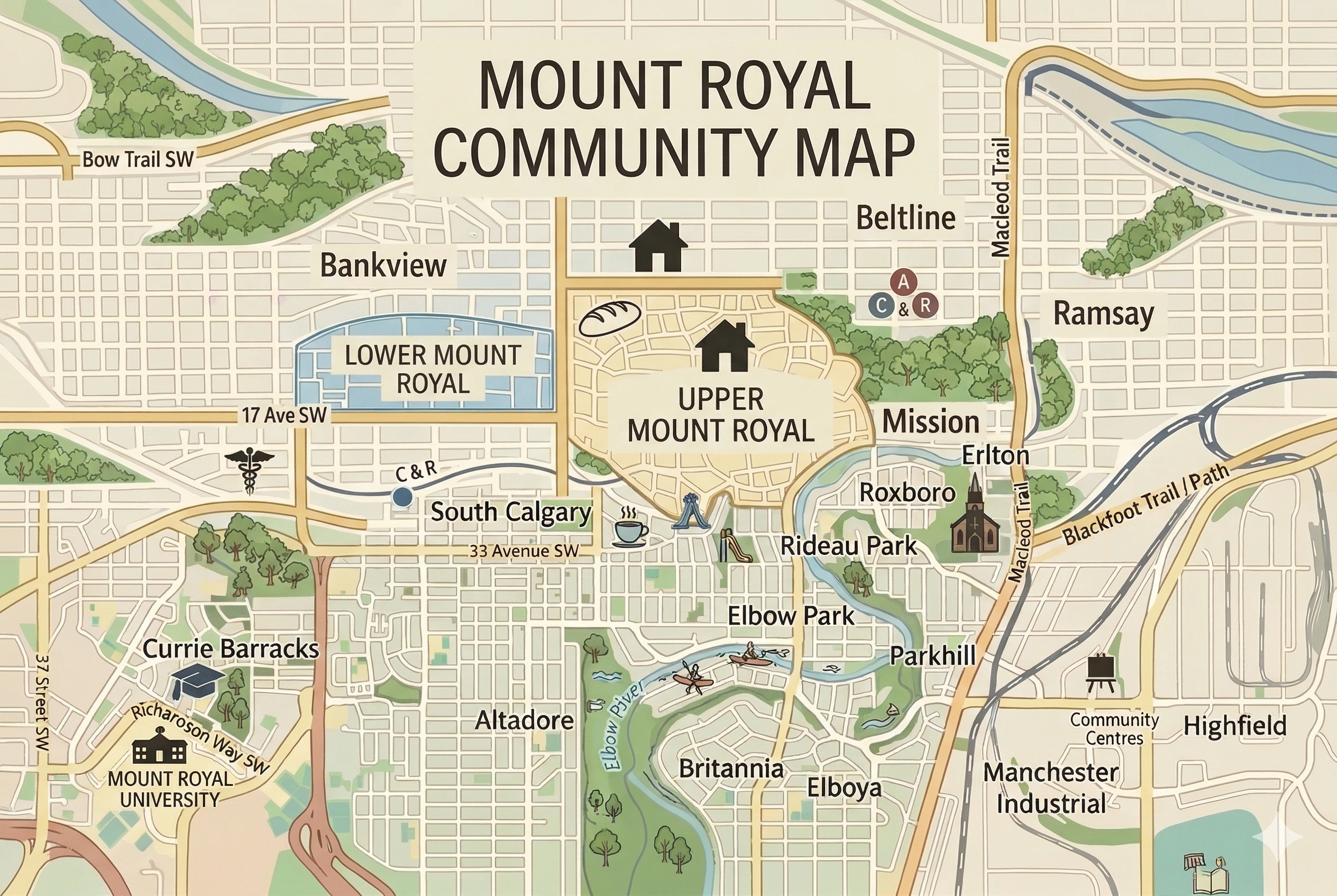 map of Mount Royal, Calgary showing Upper and Lower Mount Royal, Beltline, Ramsay, Bankview, South Calgary, Altadore, and Mount Royal University with major roads and parks