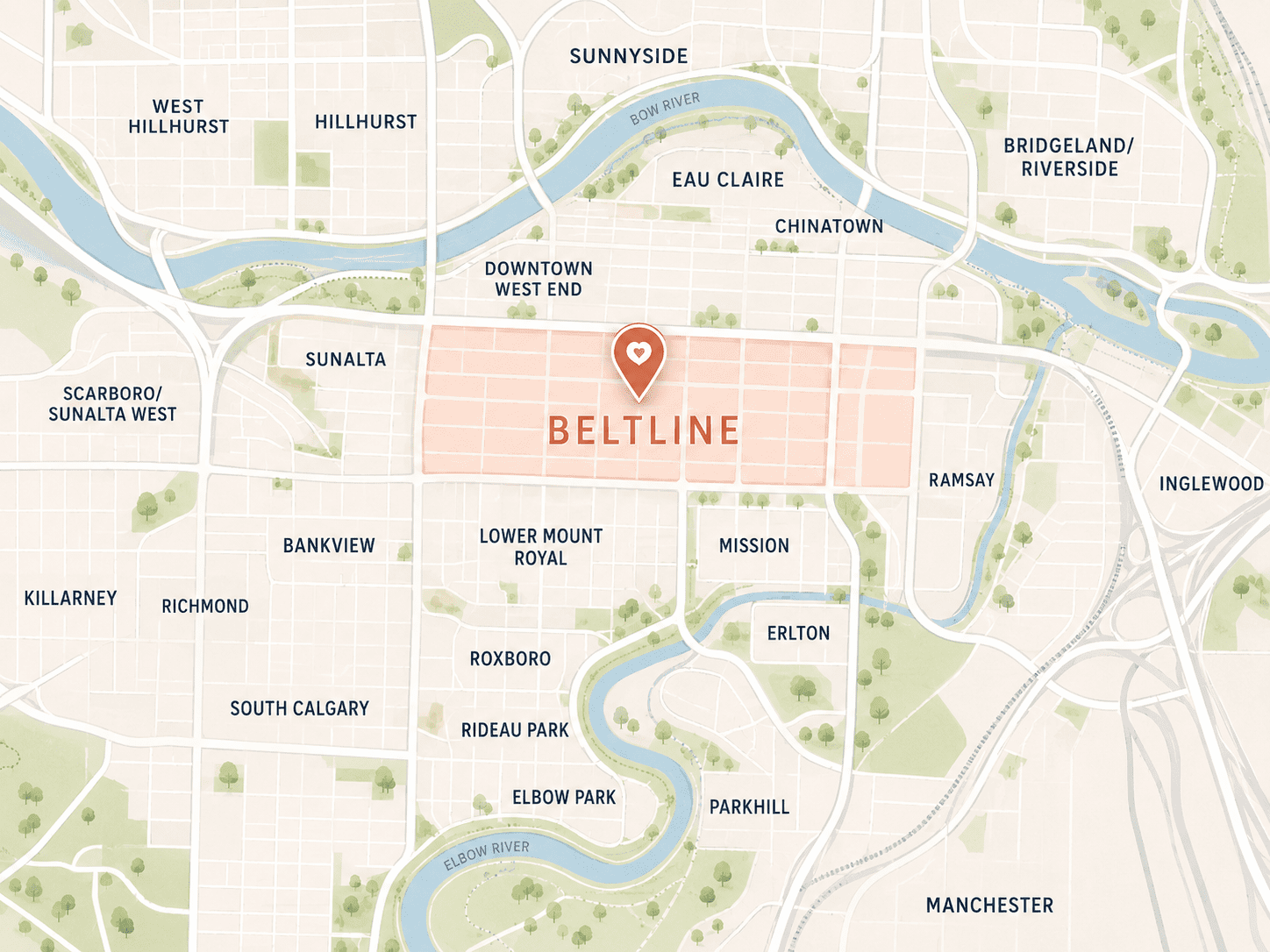 map of Beltline Calgary highlighted with nearby inner-city communities, parks, roads, and the Bow River and Elbow River.