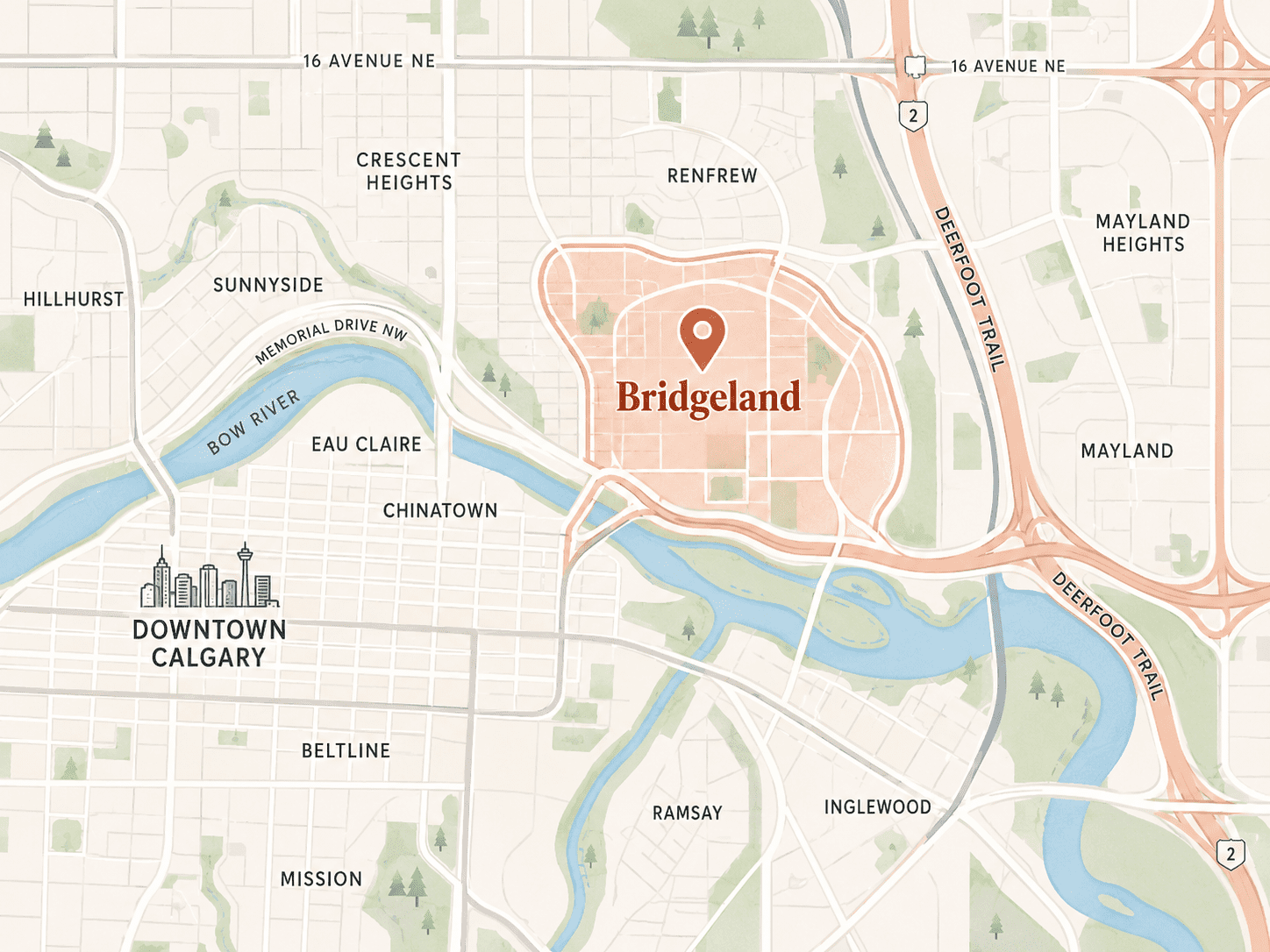 Stylized map of Bridgeland Calgary real estate, highlighting Bridgeland/Riverside near the Bow River, Downtown Calgary, Renfrew, Crescent Heights, Inglewood, and Deerfoot Trail.