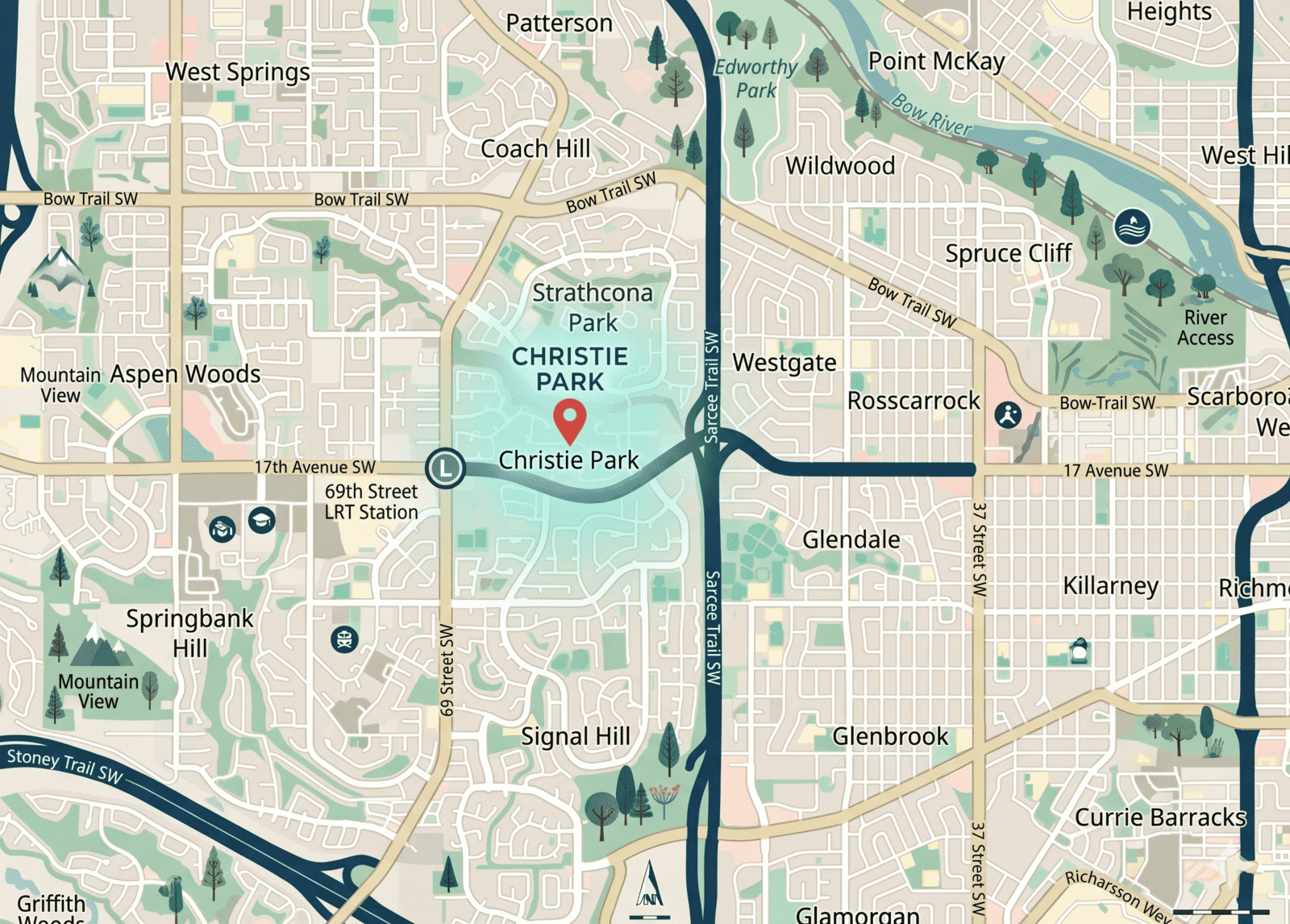Christie Park Calgary community map showing surrounding communities and landmarks