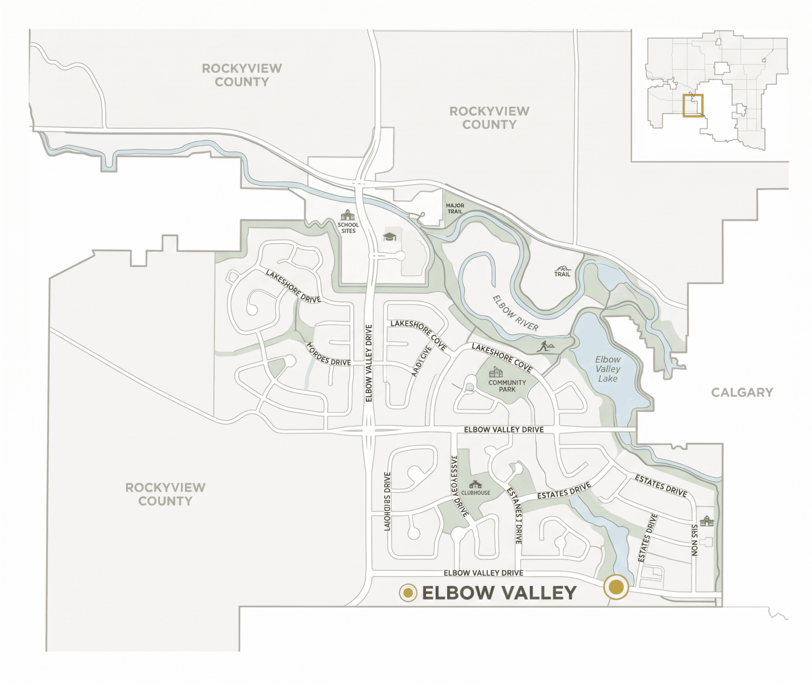 A detailed, zoomed-in community map of Elbow Valley within Rocky View County, designed in a clean, minimalist aesthetic with a beige and sage green color palette. The map features a network of residential streets such as Elbow Valley Drive, Lakeshore Cove, and Estates Drive. Natural features are highlighted, including the winding Elbow River and Elbow Valley Lake, surrounded by green spaces, community parks, and walking trails. An inset map in the top right corner shows the community's location relative to Calgary and the broader Rocky View County region, maintaining the visual style of the original reference image.