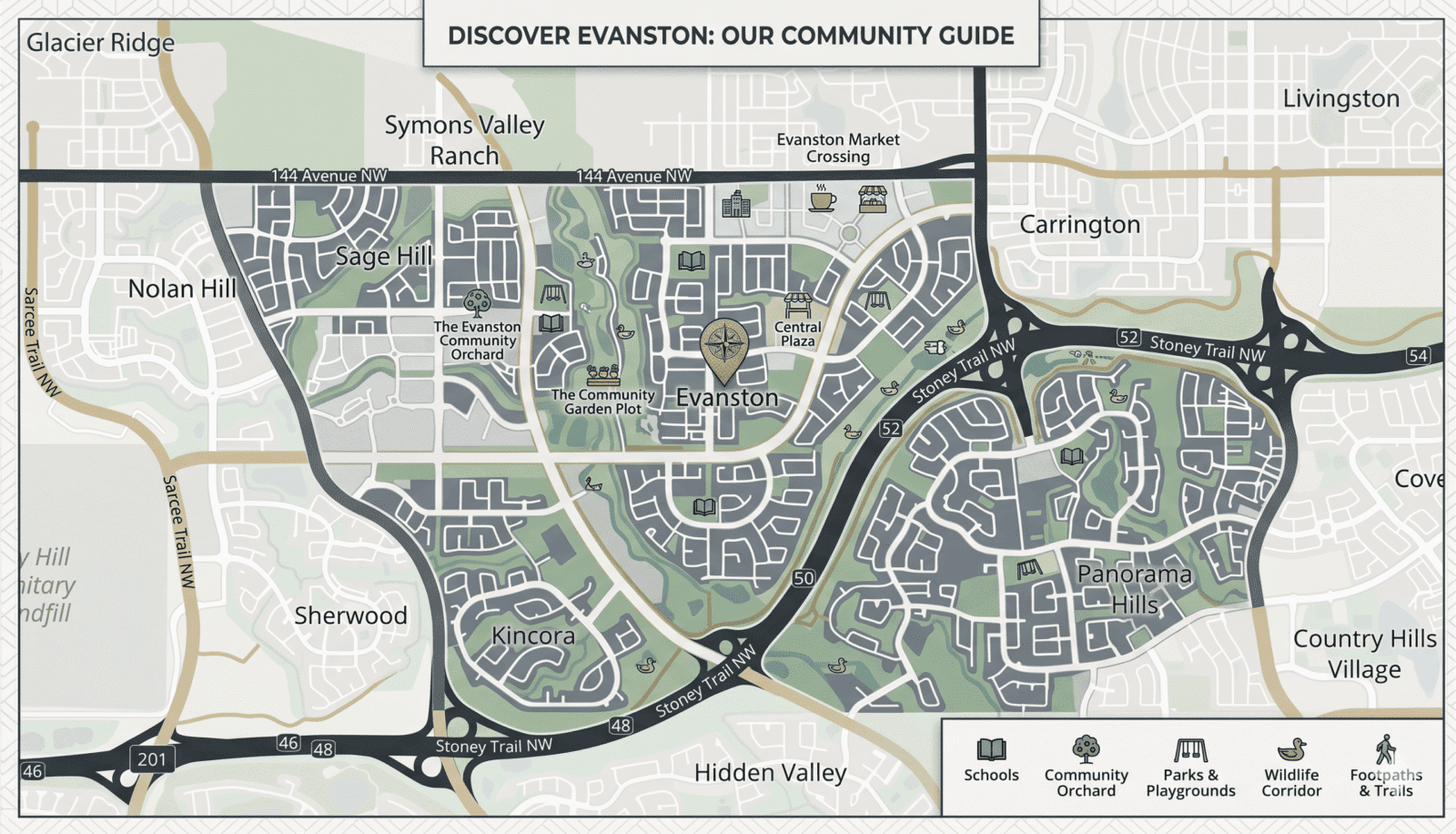 A modern, stylized community map of Evanston, Calgary, and its surrounding neighborhoods. The map uses a sophisticated color palette of sage green for parks, slate grey for residential blocks, and off-white for surrounding areas.