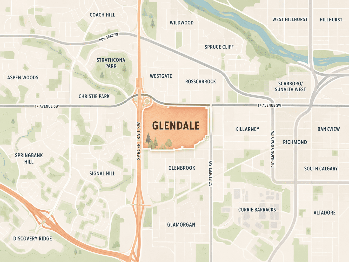 map of Glendale Calgary highlighting the Glendale community in warm orange, with surrounding southwest Calgary communities labelled, including Westgate, Rosscarrock, Killarney, Glenbrook, Glamorgan, Signal Hill, Christie Park, Wildwood, Spruce Cliff, Richmond, Bankview, South Calgary, Altadore, and Currie Barracks. Major nearby roads shown include Sarcee Trail SW, 17 Avenue SW, Bow Trail SW, Richmond Road SW, and 37 Street SW.