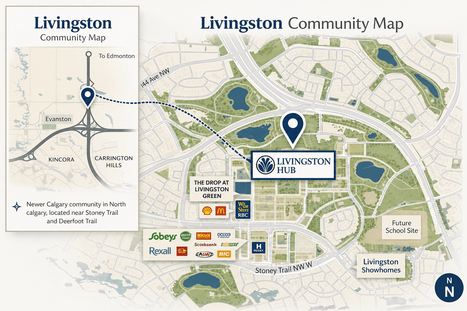 Livingston Calgary community map showing surrounding communities and landmarks