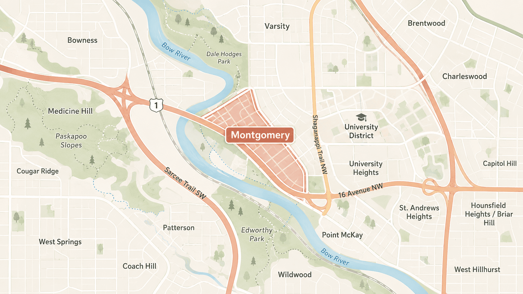 map of Montgomery in northwest Calgary, highlighting the Montgomery community near the Bow River, Edworthy Park, Dale Hodges Park, University District, Varsity, Bowness, Point McKay, and surrounding northwest Calgary neighbourhoods.