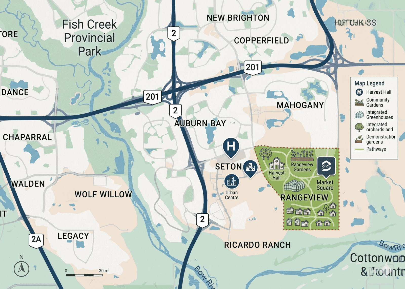 A modern, stylized real estate community map of Southeast Calgary, showcasing the location and unique amenities of the Rangeview neighborhood.

The map features a clean, illustrated design using a contemporary color palette of sage green, navy blue, soft beige, and white. Major surrounding communities like Seton, Mahogany, Auburn Bay, and Legacy are clearly labeled, alongside key roadways such as Deerfoot Trail (Highway 2) and Stoney Trail (Route 201). Fish Creek Provincial Park is visible to the northwest, and the Bow River runs along the southern border.