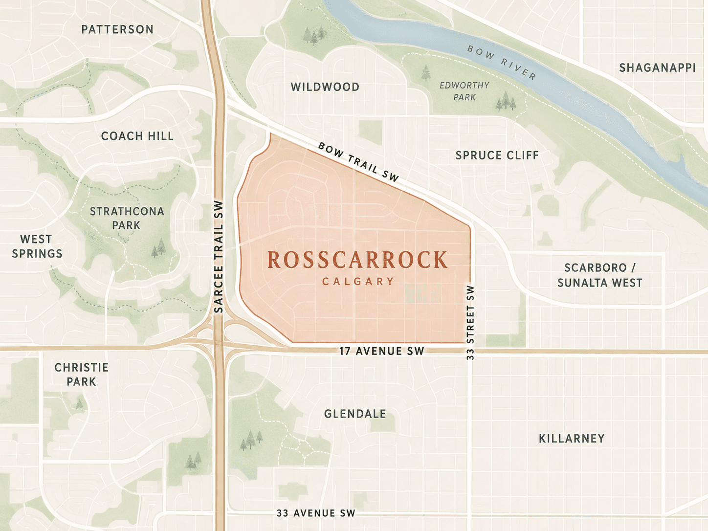 Stylized community map of Rosscarrock Calgary, showing nearby roads, parks, and surrounding west Calgary neighbourhoods.