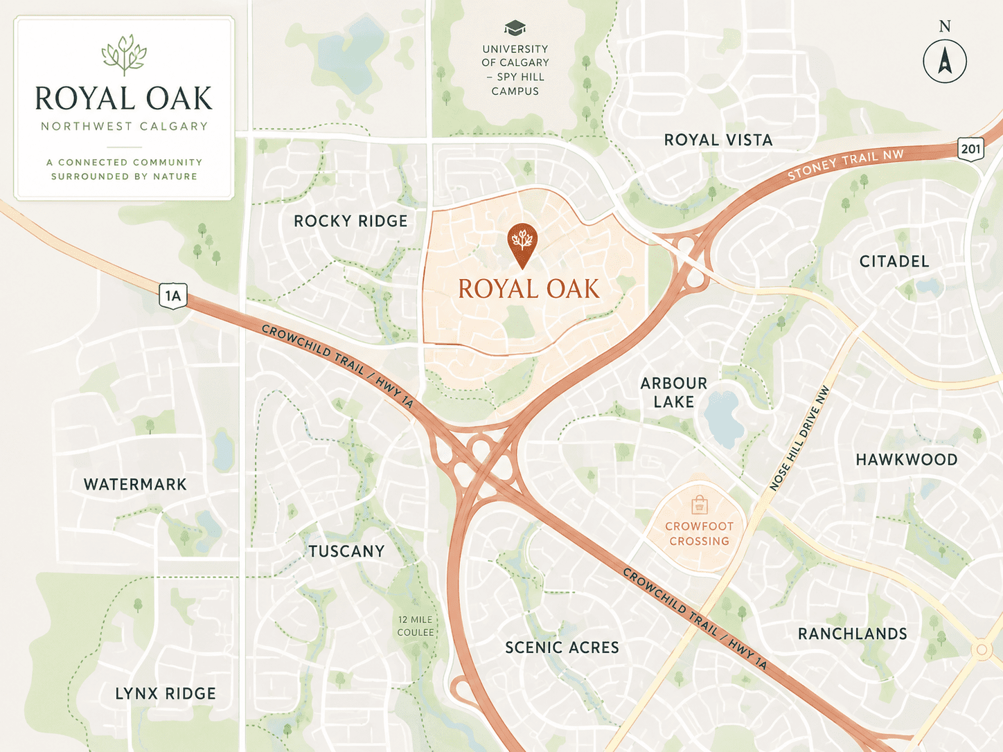 map of Royal Oak in northwest Calgary, highlighting Royal Oak with nearby communities including Rocky Ridge, Royal Vista, Citadel, Arbour Lake, Hawkwood, Ranchlands, Scenic Acres, Tuscany, Watermark, and Lynx Ridge, along with major routes such as Stoney Trail NW and Crowchild Trail.