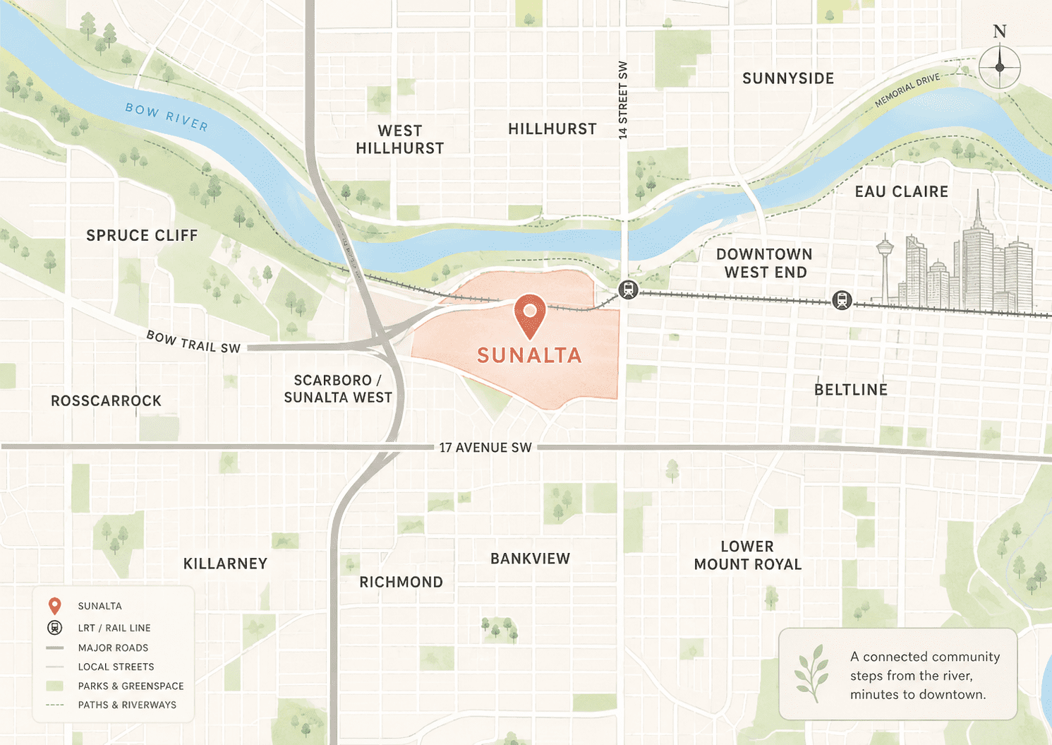 illustrated map of Sunalta Calgary highlighting the Sunalta community in a soft coral colour near Bow Trail SW, 17 Avenue SW, Crowchild Trail SW, the Bow River, and the LRT line, with nearby communities including Downtown West End, Beltline, Scarboro/Sunalta West, Bankview, Richmond, Killarney, Hillhurst, Sunnyside, Eau Claire, Spruce Cliff, Rosscarrock, and Lower Mount Royal.