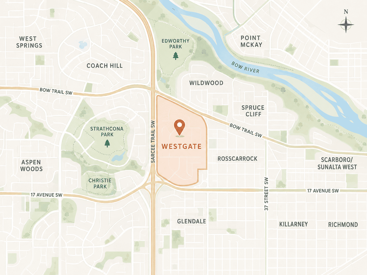 Westgate Calgary community map showing surrounding communities and landmarks