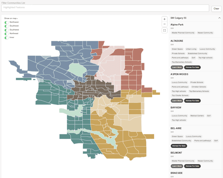 Calgary Community map organized by NW/SW/SE/NE/Inner City Calgary