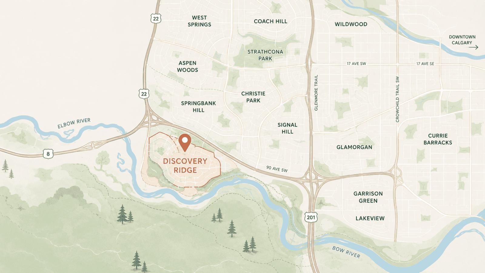 Discovery Ridge Calgary community map map of Discovery Ridge showing its location in southwest Calgary and surrounding communities and major roads.