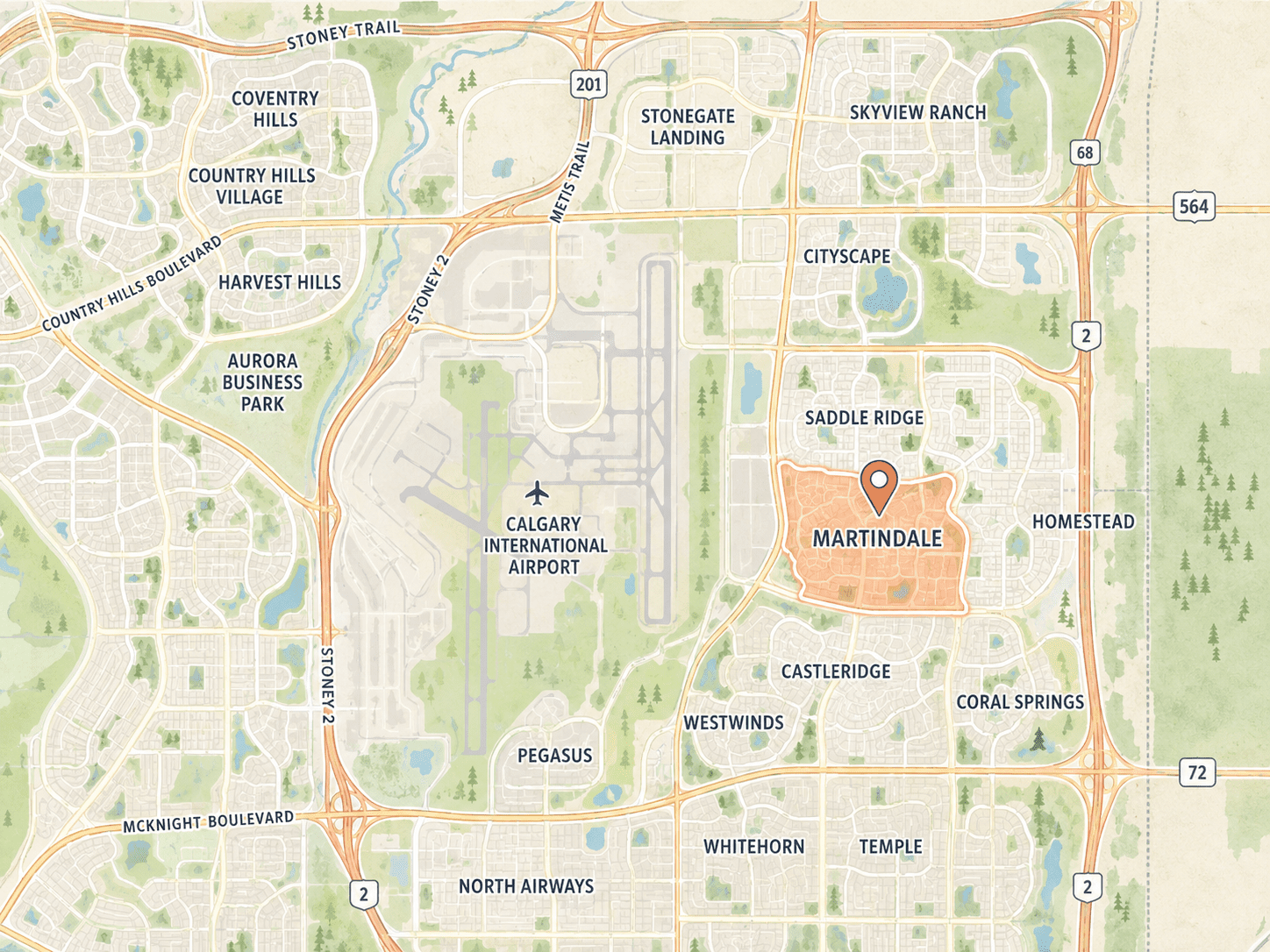 Stylized map of Martindale showing its location in northeast Calgary near Saddle Ridge, Castleridge, Coral Springs, Calgary International Airport, Stoney Trail, and Metis Trail.<br />
