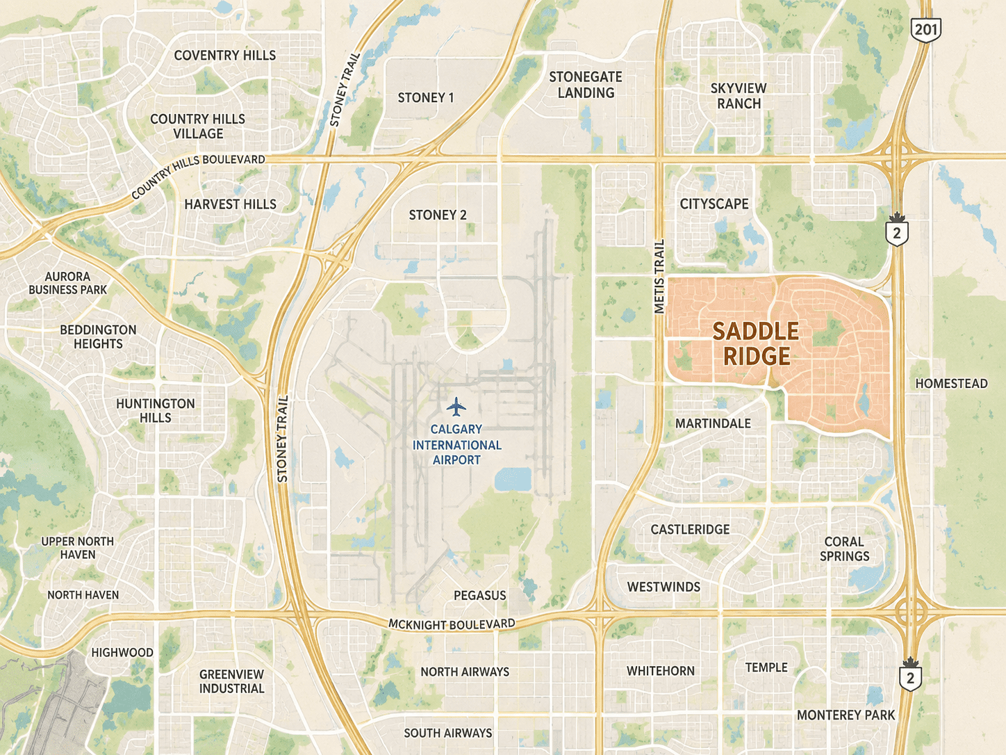 map of Saddle Ridge showing its location in northeast Calgary near Martindale, Skyview Ranch, Calgary International Airport, Stoney Trail, and Metis Trail.