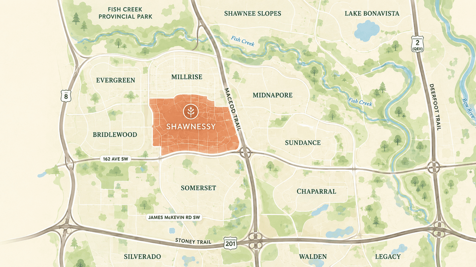 Stylized map of Shawnessy showing its location in south Calgary near Evergreen, Millrise, Midnapore, Bridlewood, Somerset, Sundance, Fish Creek, and major roads.<br />
