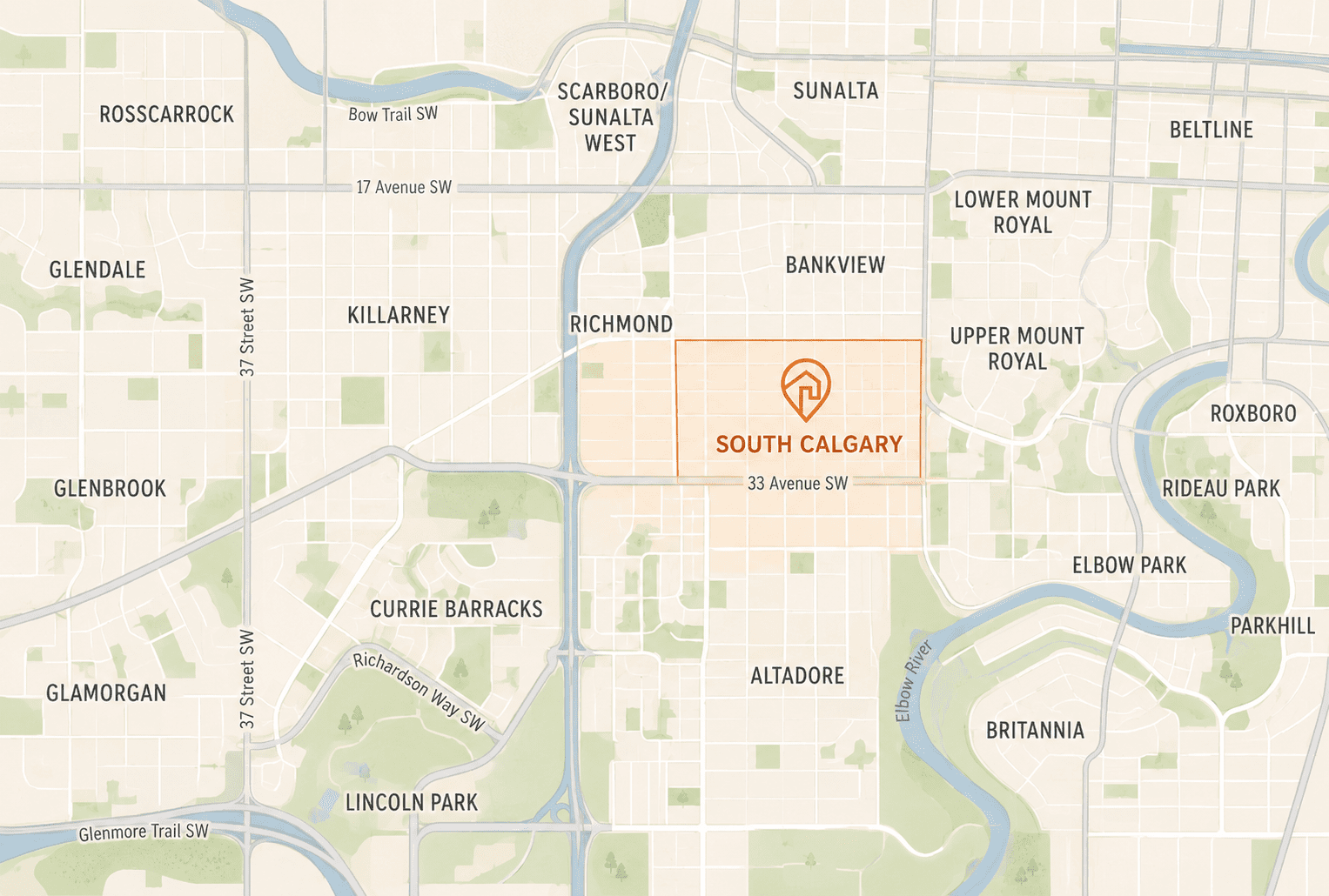 Stylized map of South Calgary showing its location near Richmond, Bankview, Altadore, Currie Barracks, Killarney, Elbow Park, Britannia, and the Elbow River.<br />
