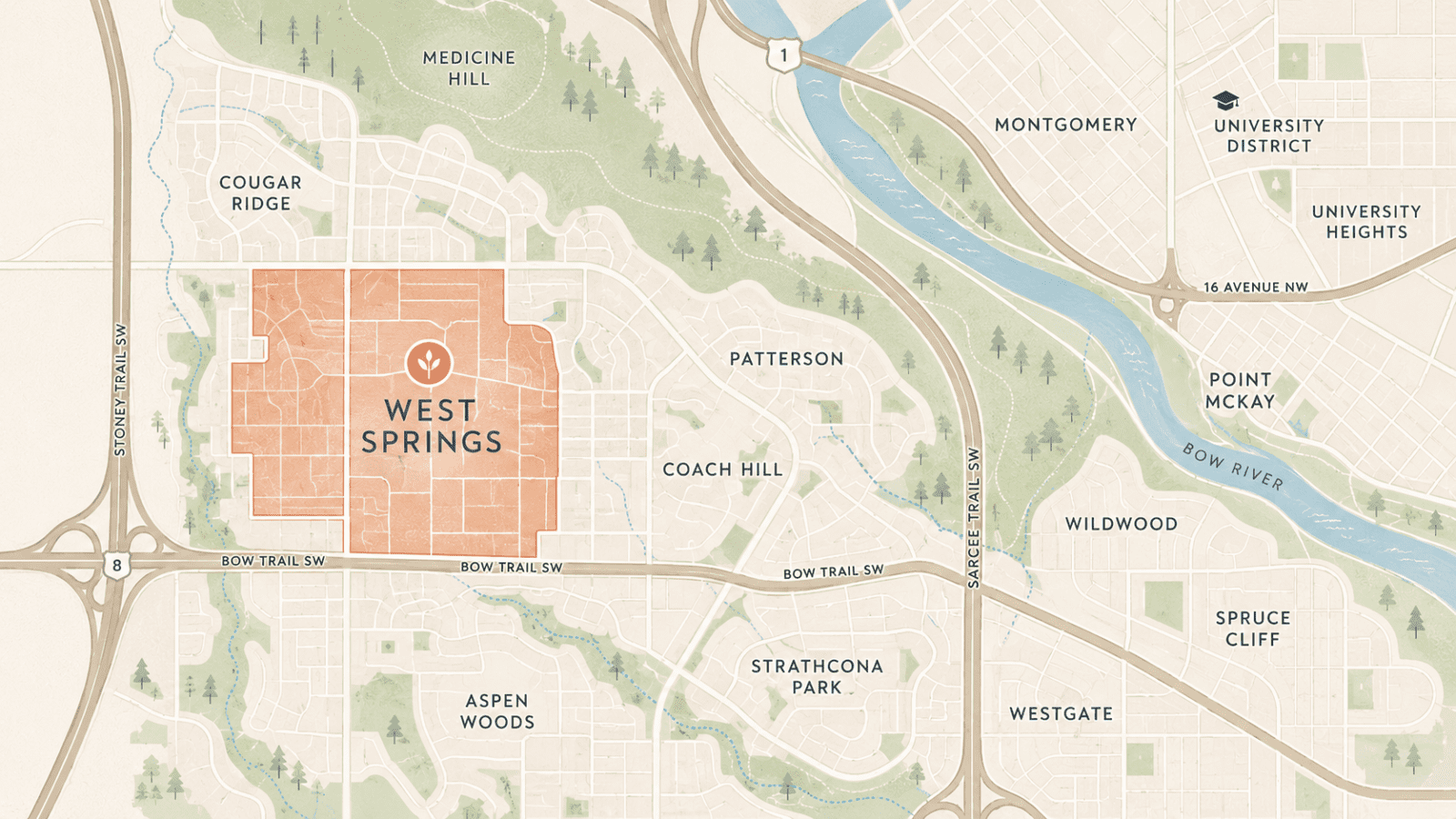 Stylized map of West Springs showing its location in west Calgary near Cougar Ridge, Patterson, Coach Hill, Aspen Woods, Bow Trail SW, Sarcee Trail SW, and the Bow River.<br />
