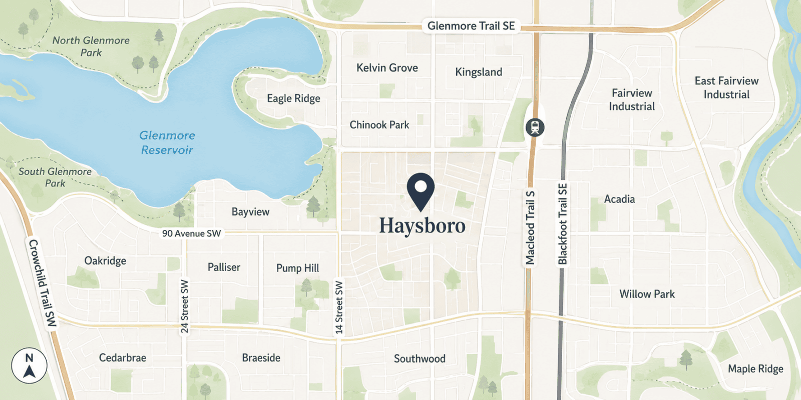 Stylized map highlighting Haysboro in southwest Calgary, showing nearby communities, Glenmore Reservoir, major roads and the Macleod Trail transit corridor.