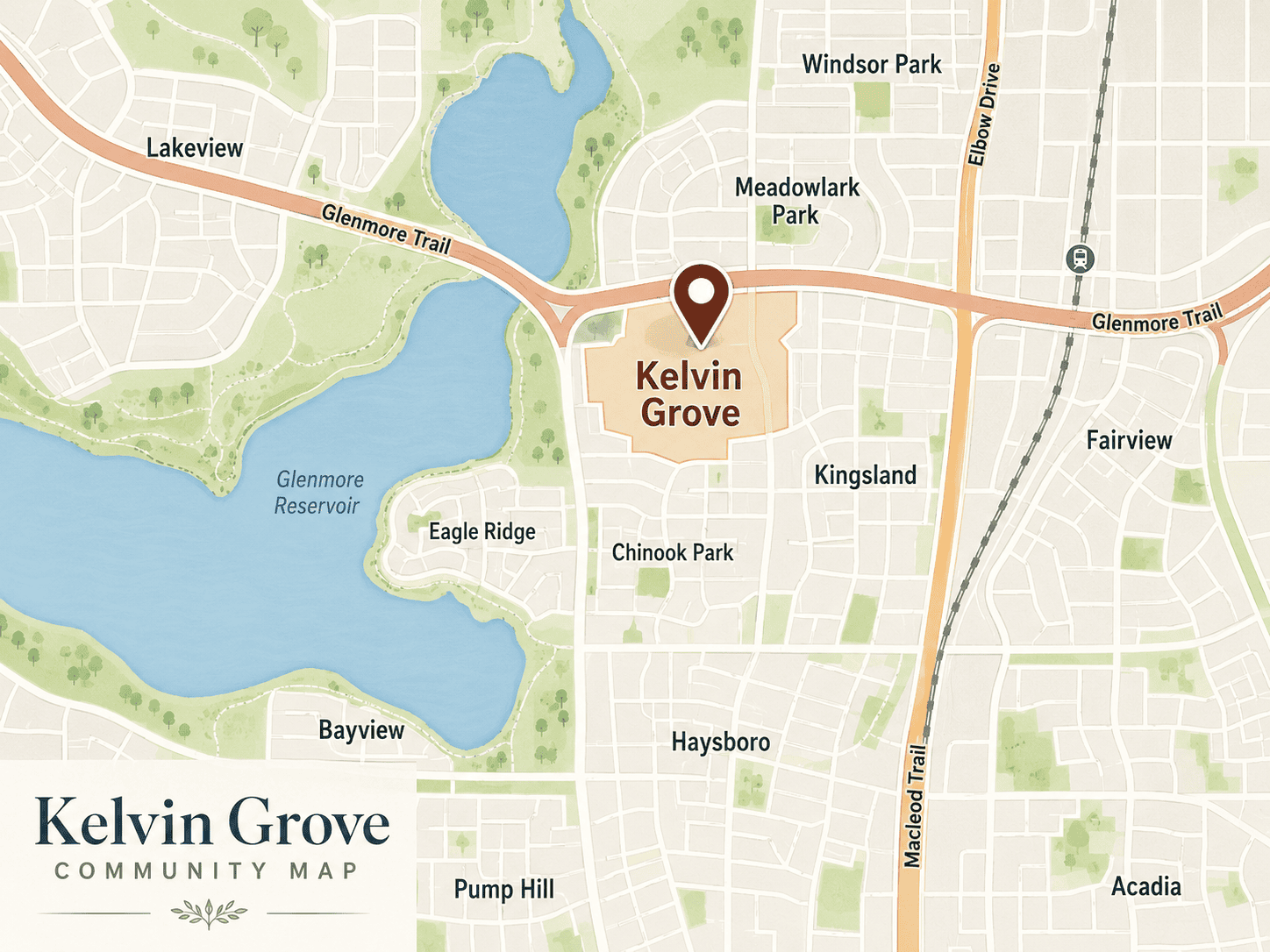 Stylized community map highlighting Kelvin Grove in southwest Calgary, near Glenmore Reservoir, Glenmore Trail, Macleod Trail and surrounding neighbourhoods.
